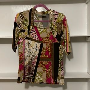 Simonton Says Multi Print Short Sleeve Blouse Size Medium, Flap Collar
